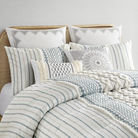 Imani Cotton Printed Duvet Cover Set with Chenille Navy & White Hues