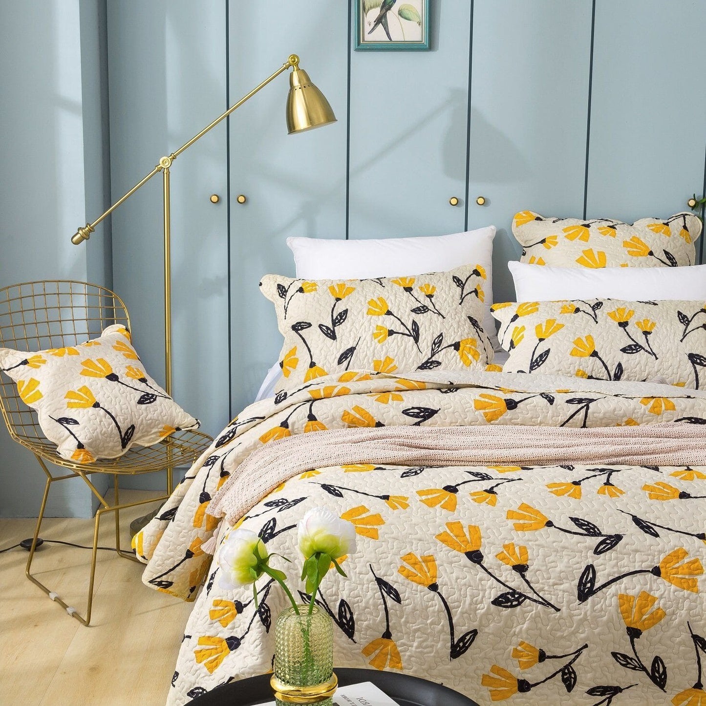 DaDa Bed in a Bag Bundle Set - Yellow Fleur Botanical Ivory Tan Floral Bedding Set (18112) - DaDa Bedding Collection