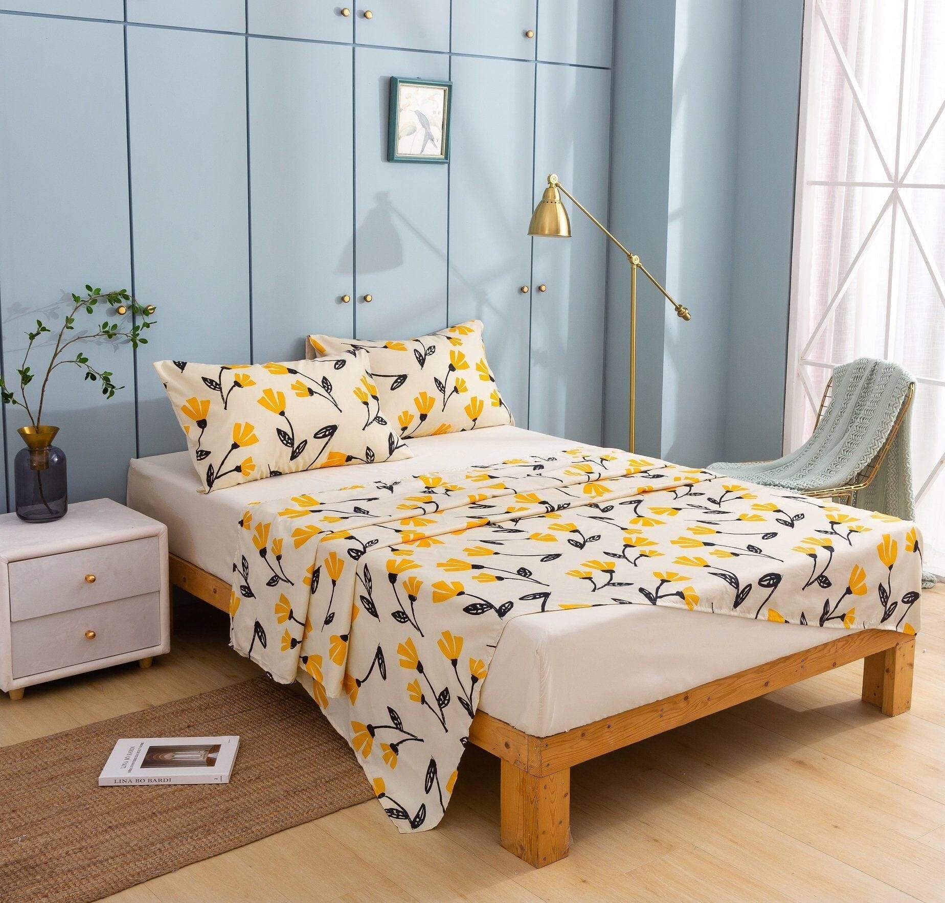 DaDa Bed in a Bag Bundle Set - Yellow Fleur Botanical Ivory Tan Floral Bedding Set (18112) - DaDa Bedding Collection