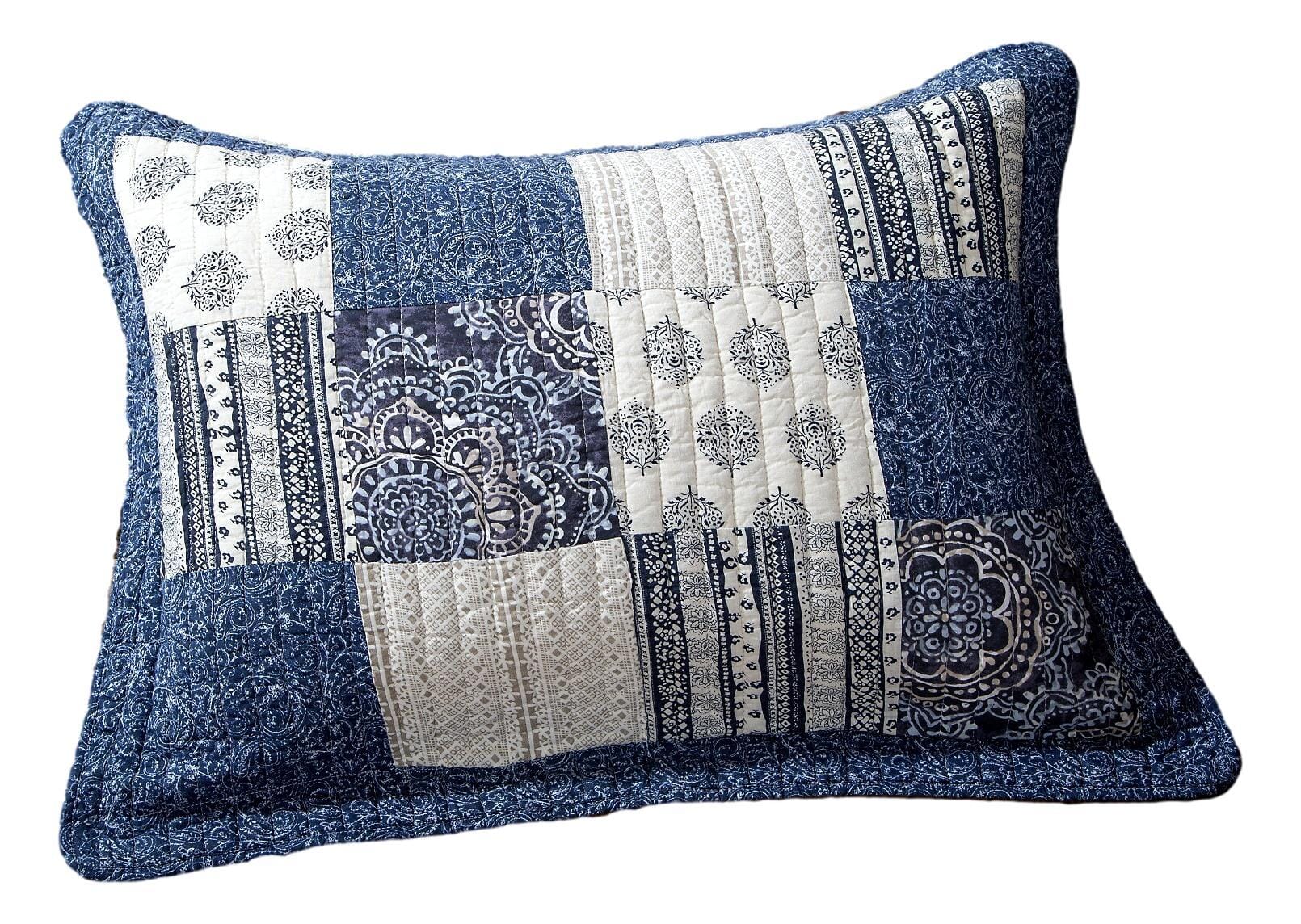 DaDa Bedding Denim Blue Elegance Floral Patchwork Farmhouse Pillow Sham (JHW660) - DaDa Bedding Collection