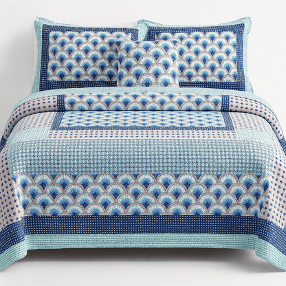 Mediterranean Blue Mint Green Patchwork Quilted Bedspread Set