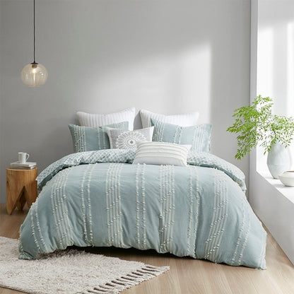 Kara Cotton Jacquard Aqua Coastal Duvet Cover Set