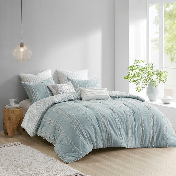 Kara Cotton Aqua Coastal Jacquard Comforter Set