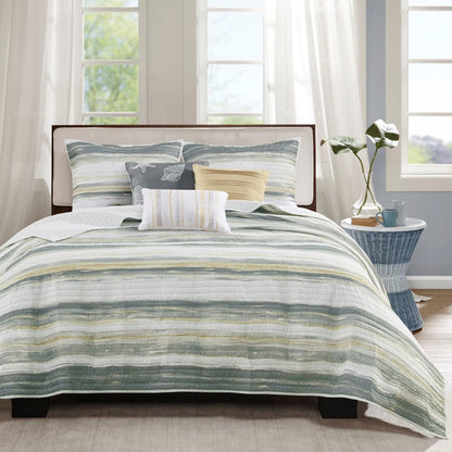 King Beach Quilt Set -  Marina Yellow And Grey Hues 6PC - Beach Themed Bedding Set - Quahog Bay Bedding