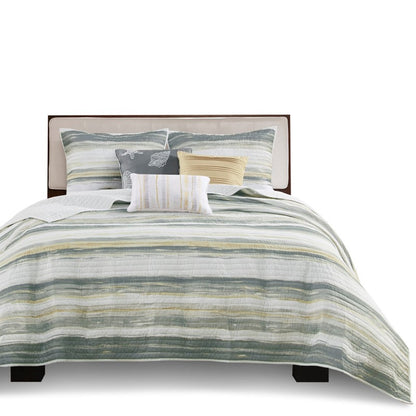 King Beach Quilt Set -  Marina Yellow And Grey Hues 6PC - Beach Themed Bedding Set - Quahog Bay Bedding