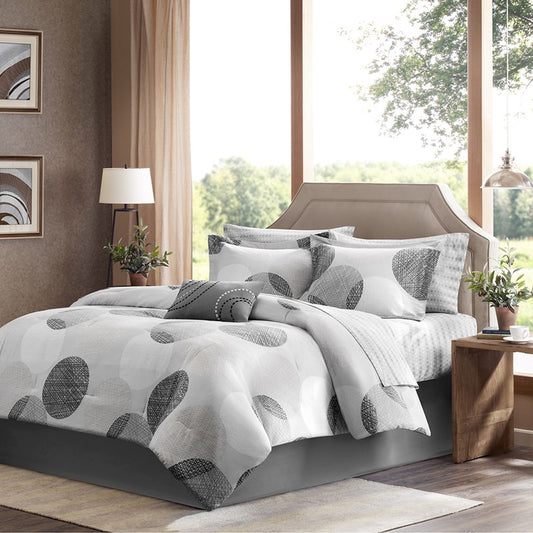 Knowles 9PC Geometric Comforter Set With Cotton Print Sheets - Grey