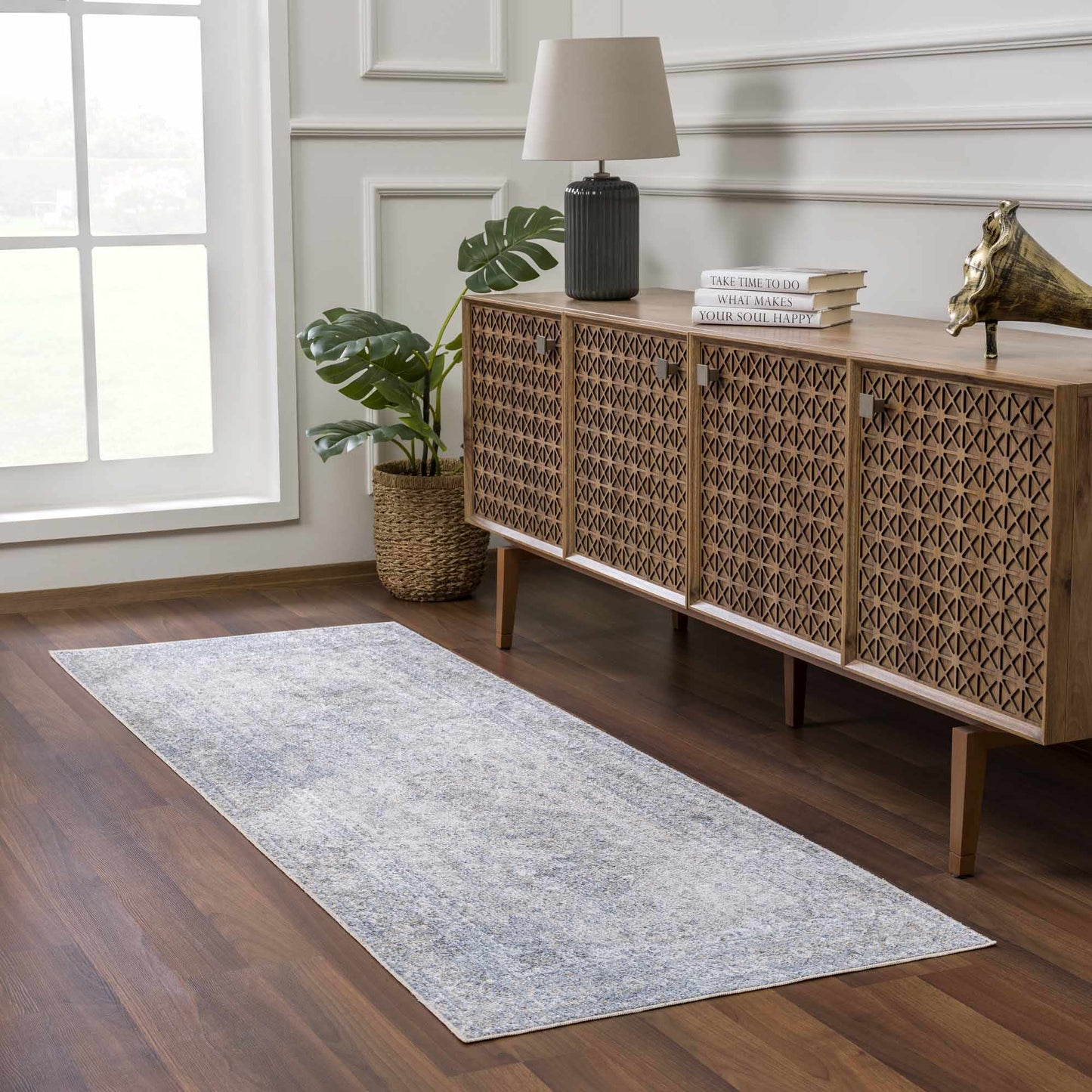 Gael Blue Flat Pile Washable Rug