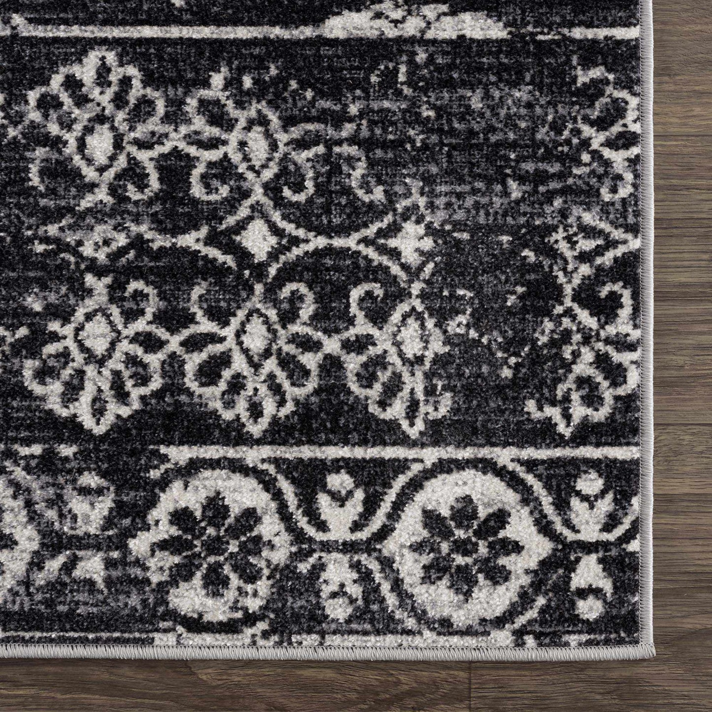 Kahraman Black&White Floral Washable Area Rug