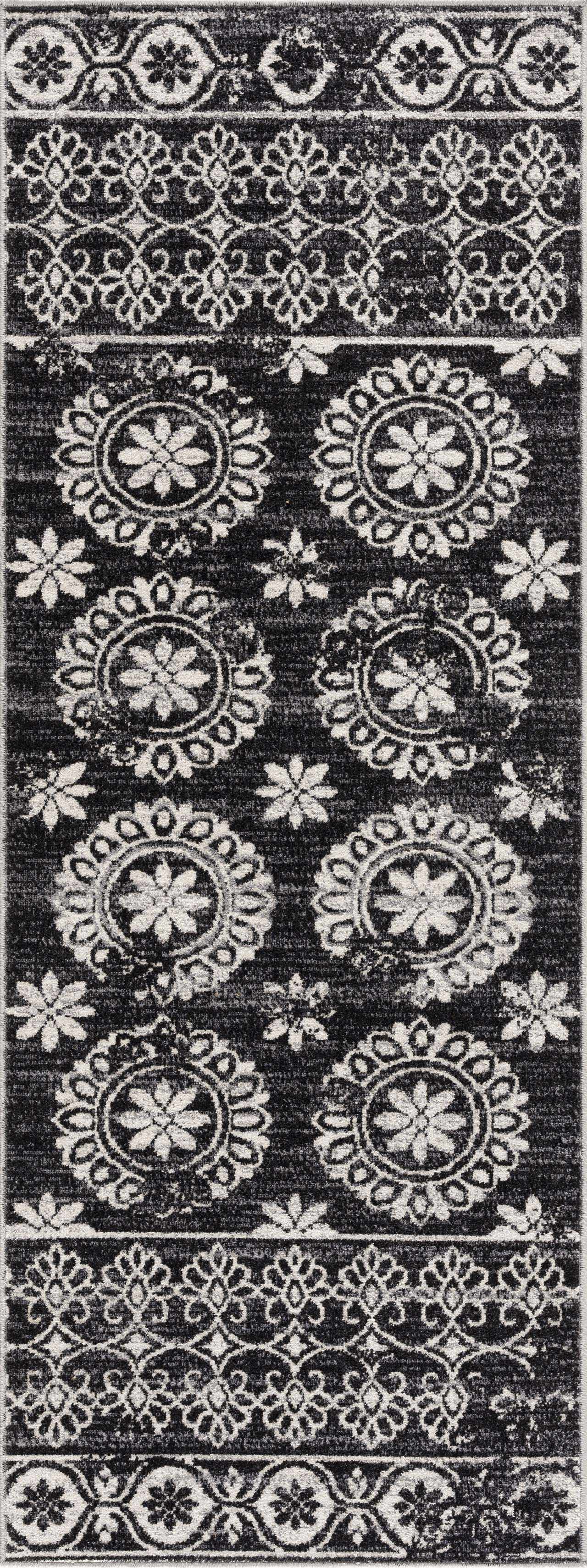 Kahraman Black&White Floral Washable Area Rug