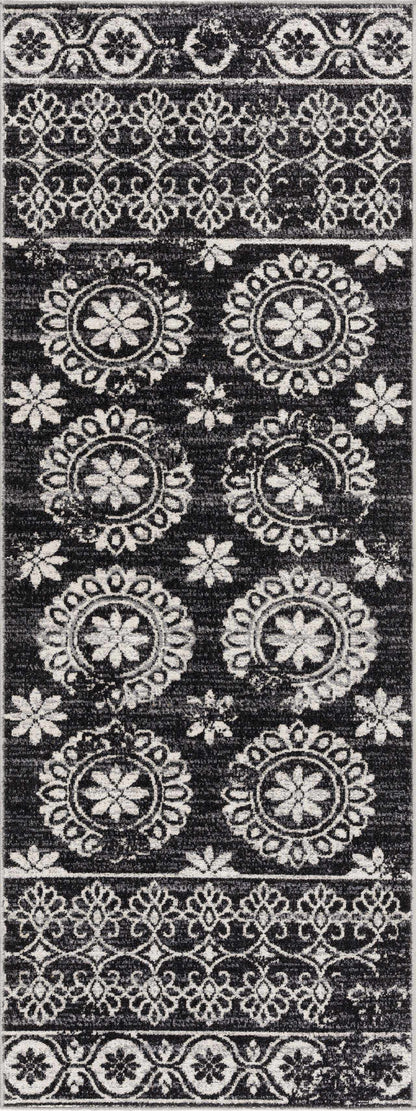 Kahraman Black&White Floral Washable Area Rug
