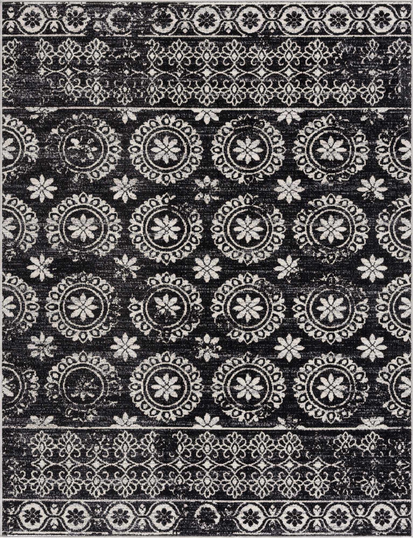 Kahraman Black&White Floral Washable Area Rug
