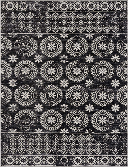 Kahraman Black&White Floral Washable Area Rug