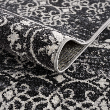 Kahraman Black&White Floral Washable Area Rug