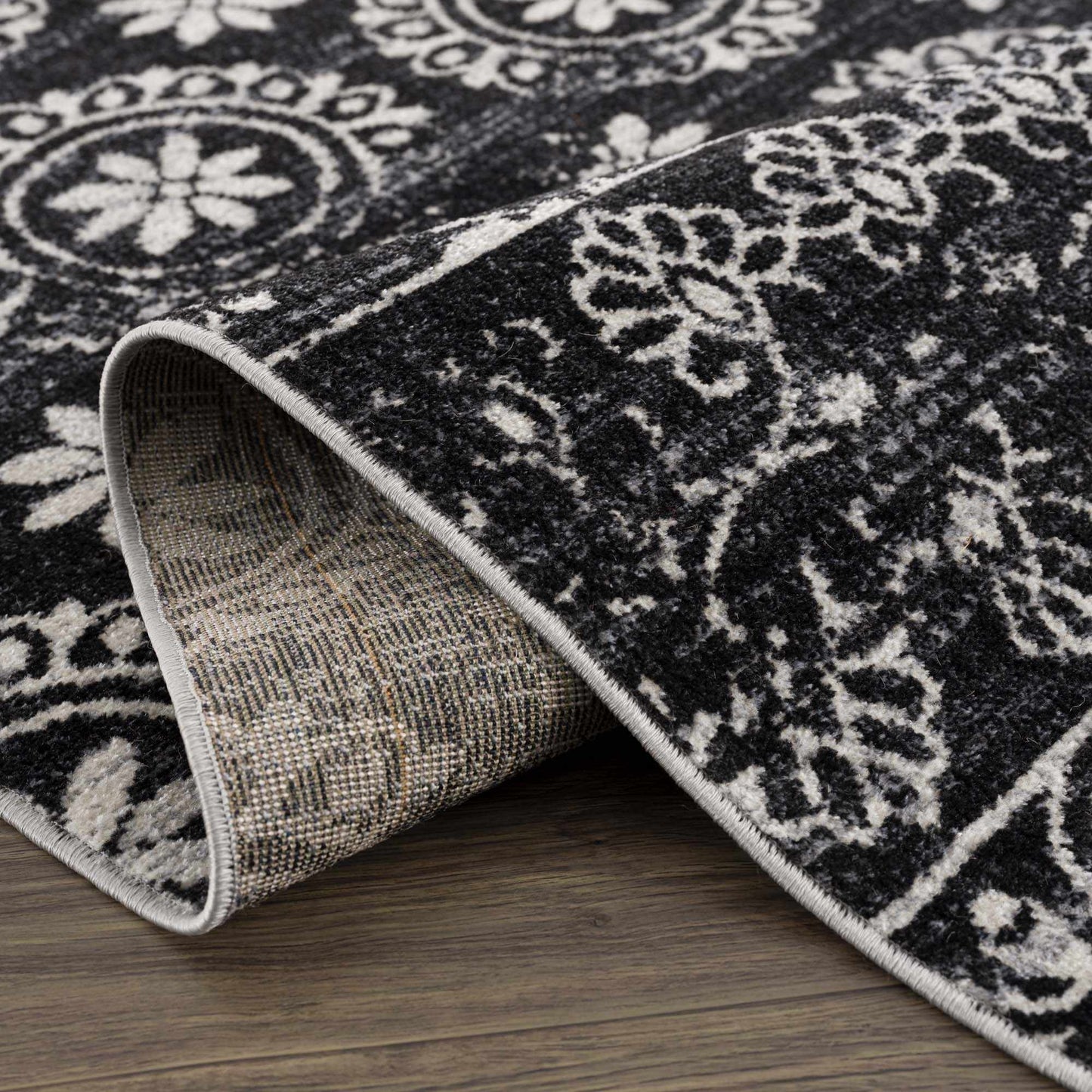 Kahraman Black&White Floral Washable Area Rug