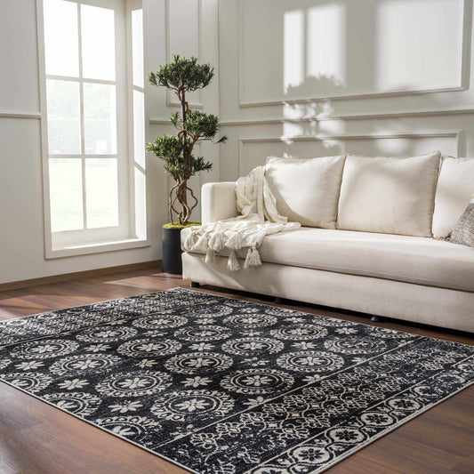 Kahraman Black&White Floral Washable Area Rug