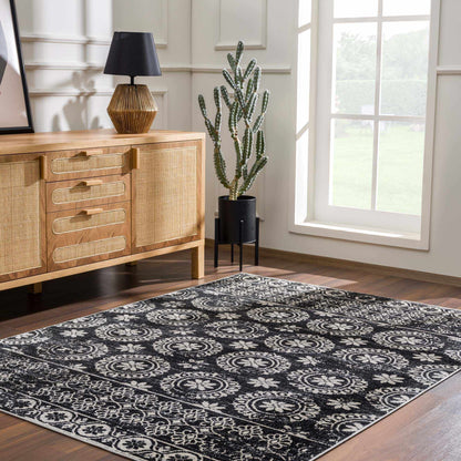Kahraman Black&White Floral Washable Area Rug