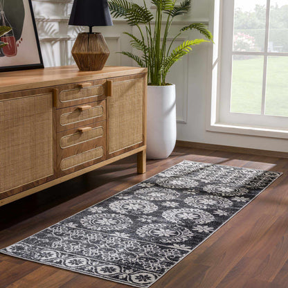 Kahraman Black&White Floral Washable Area Rug