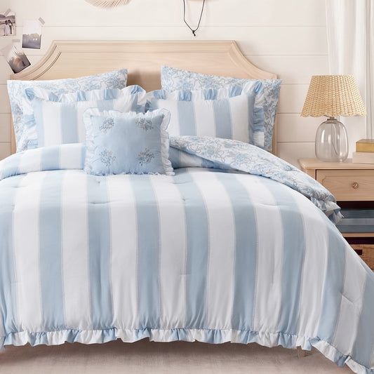 Lara Blue Cabana Stripe Reversible Comforter Set | Toile Floral Reverse