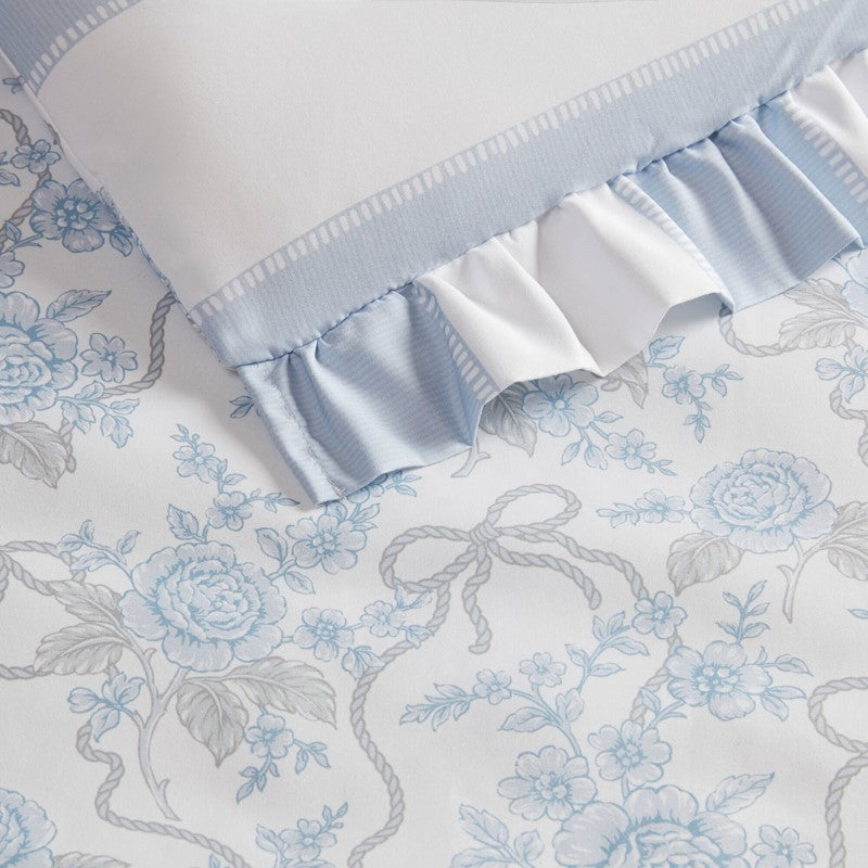 Lara Blue Cabana Stripe Reversible Comforter Set | Toile Floral Reverse