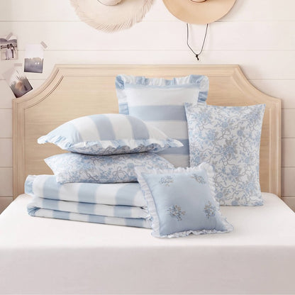 Lara Blue Cabana Stripe Reversible Comforter Set | Toile Floral Reverse