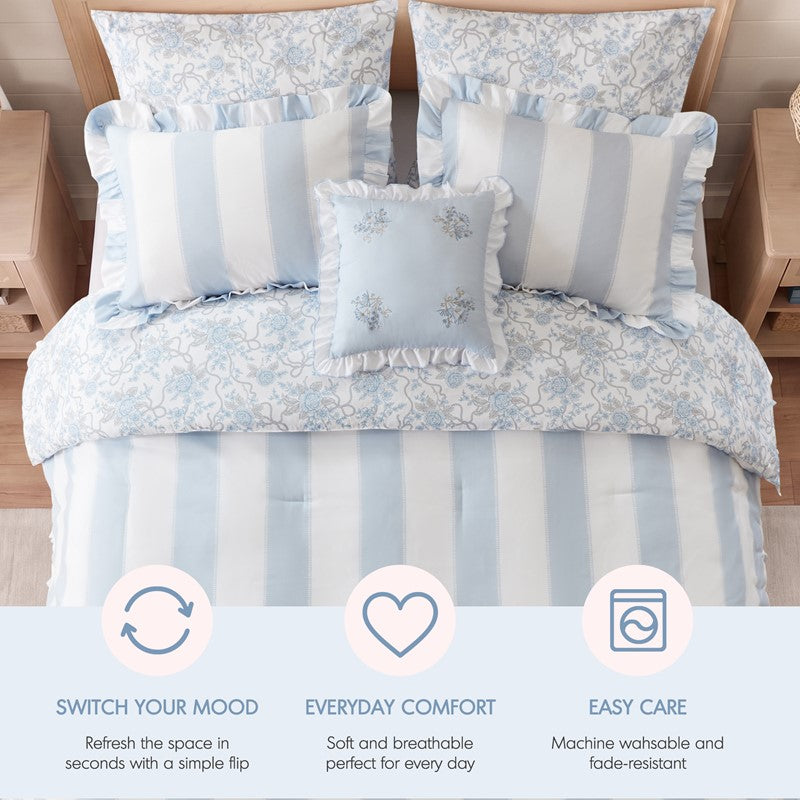 Lara Blue Cabana Stripe Reversible Comforter Set | Toile Floral Reverse