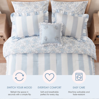 Lara Blue Cabana Stripe Reversible Comforter Set | Toile Floral Reverse