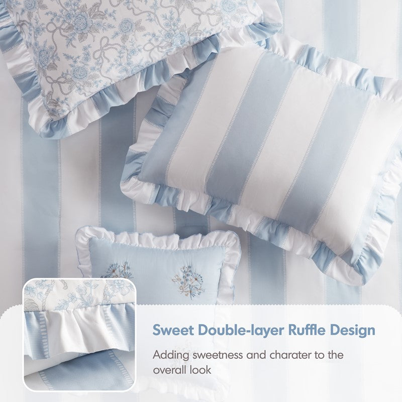 Lara Blue Cabana Stripe Reversible Comforter Set | Toile Floral Reverse
