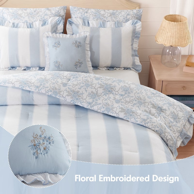 Lara Blue Cabana Stripe Reversible Comforter Set | Toile Floral Reverse