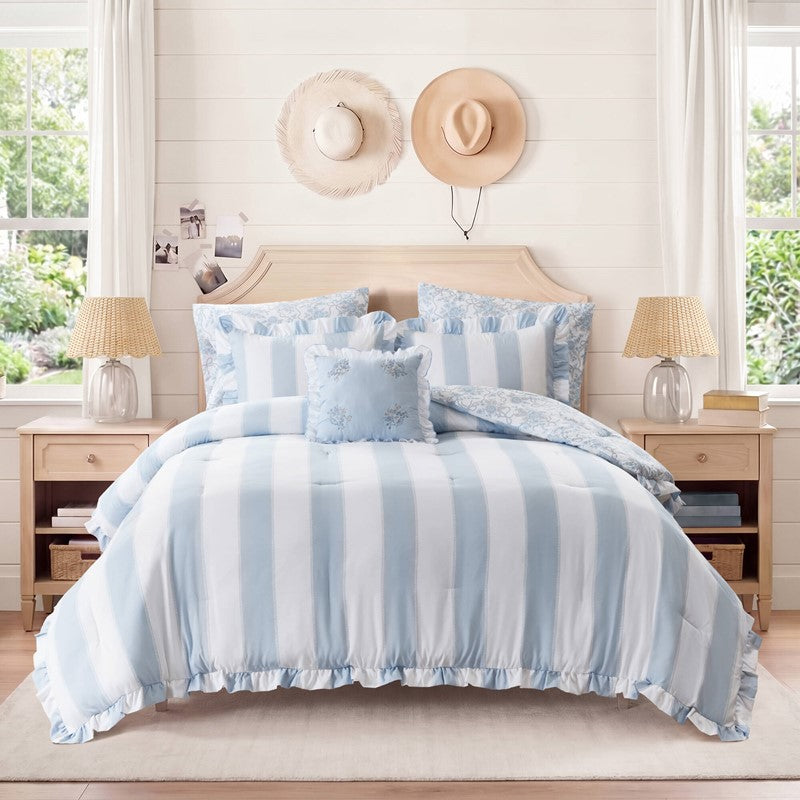 Lara Blue Cabana Stripe Reversible Comforter Set | Toile Floral Reverse