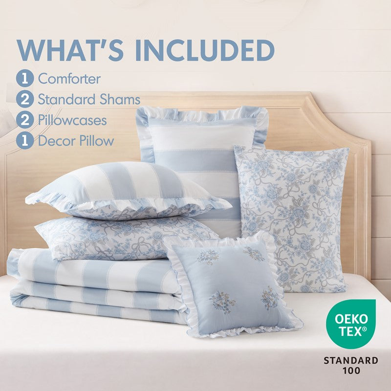 Lara Blue Cabana Stripe Reversible Comforter Set | Toile Floral Reverse
