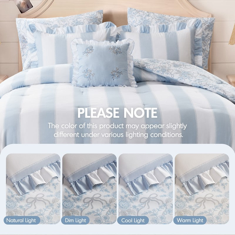 Lara Blue Cabana Stripe Reversible Comforter Set | Toile Floral Reverse