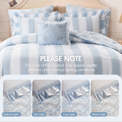 Lara Blue Cabana Stripe Reversible Comforter Set | Toile Floral Reverse