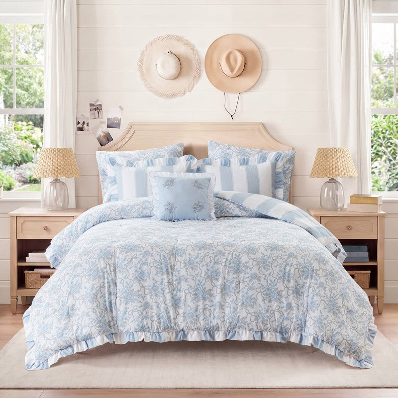 Lara Blue Cabana Stripe Reversible Comforter Set | Toile Floral Reverse