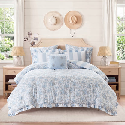 Lara Blue Cabana Stripe Reversible Comforter Set | Toile Floral Reverse
