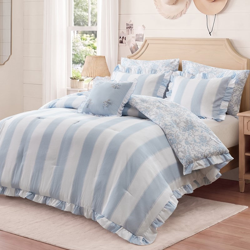 Lara Blue Cabana Stripe Reversible Comforter Set | Toile Floral Reverse