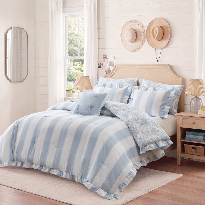 Lara Blue Cabana Stripe Reversible Comforter Set | Toile Floral Reverse