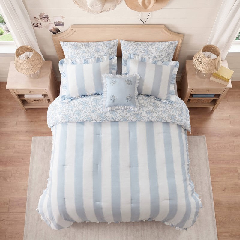 Lara Blue Cabana Stripe Reversible Comforter Set | Toile Floral Reverse