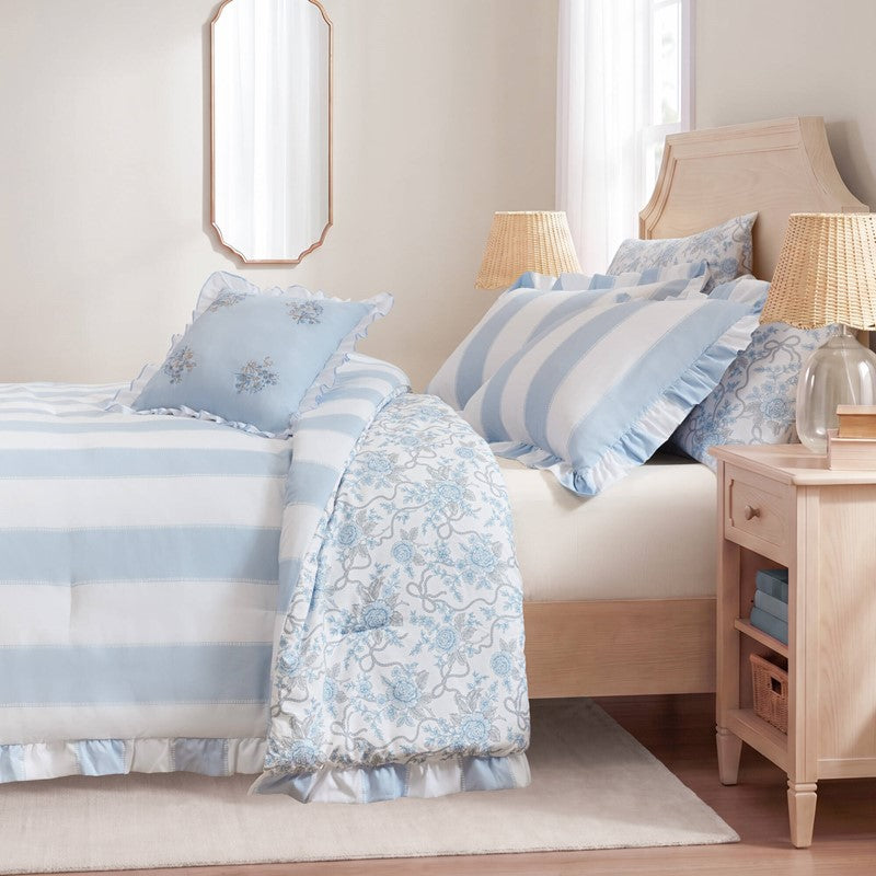 Lara Blue Cabana Stripe Reversible Comforter Set | Toile Floral Reverse