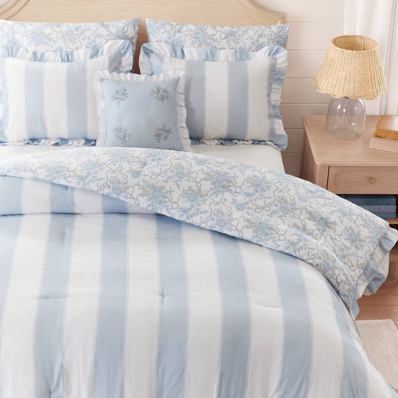 Lara Blue Cabana Stripe Reversible Comforter Set | Toile Floral Reverse