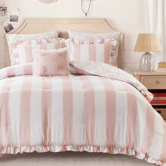 Lara Pink Cabana Stripe Reversible Comforter Set | Toile Floral Reverse