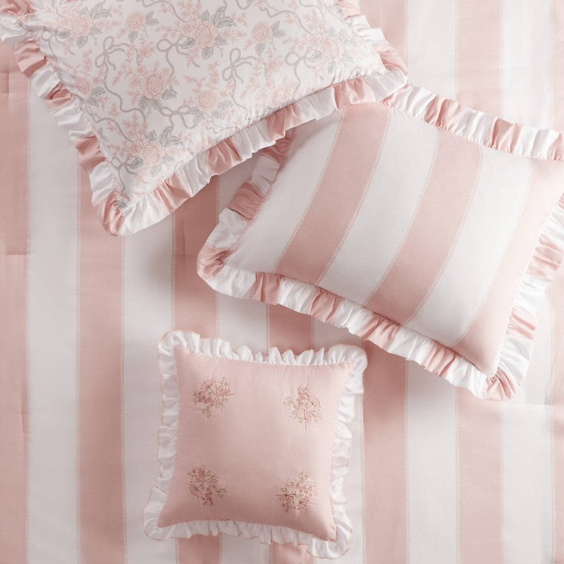 Lara Pink Cabana Stripe Reversible Comforter Set | Toile Floral Reverse