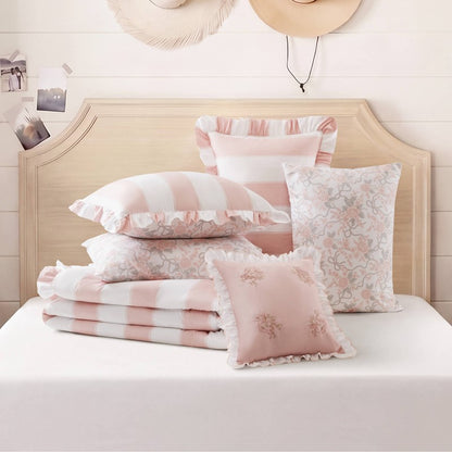 Lara Pink Cabana Stripe Reversible Comforter Set | Toile Floral Reverse