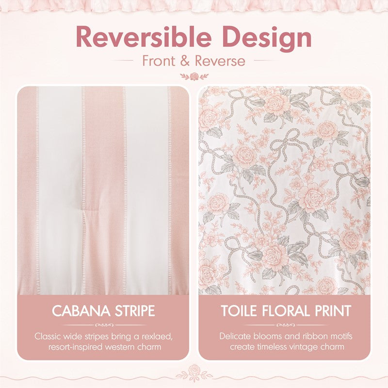 Lara Pink Cabana Stripe Reversible Comforter Set | Toile Floral Reverse