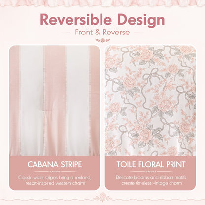 Lara Pink Cabana Stripe Reversible Comforter Set | Toile Floral Reverse