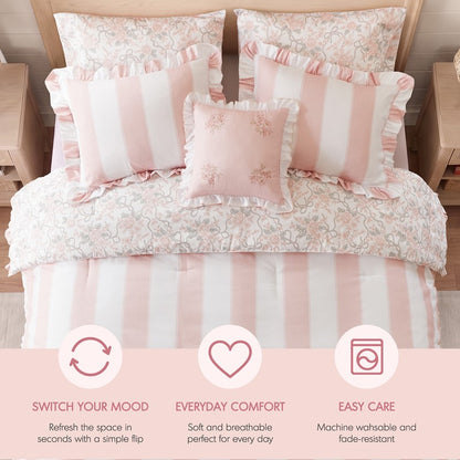 Lara Pink Cabana Stripe Reversible Comforter Set | Toile Floral Reverse