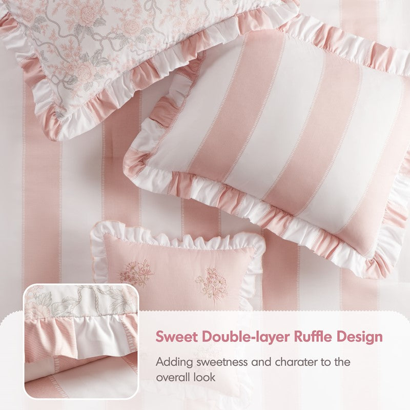 Lara Pink Cabana Stripe Reversible Comforter Set | Toile Floral Reverse