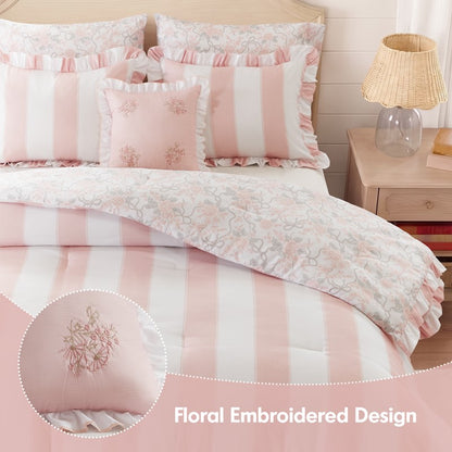 Lara Pink Cabana Stripe Reversible Comforter Set | Toile Floral Reverse