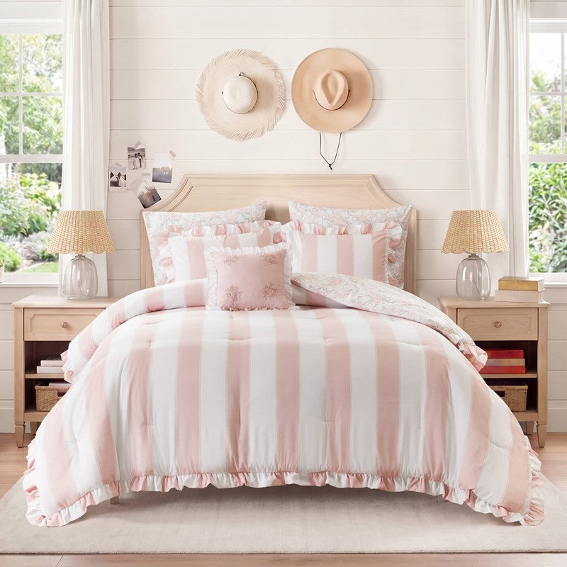 Lara Pink Cabana Stripe Reversible Comforter Set | Toile Floral Reverse