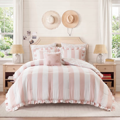 Lara Pink Cabana Stripe Reversible Comforter Set | Toile Floral Reverse