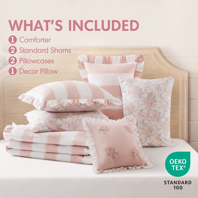 Lara Pink Cabana Stripe Reversible Comforter Set | Toile Floral Reverse